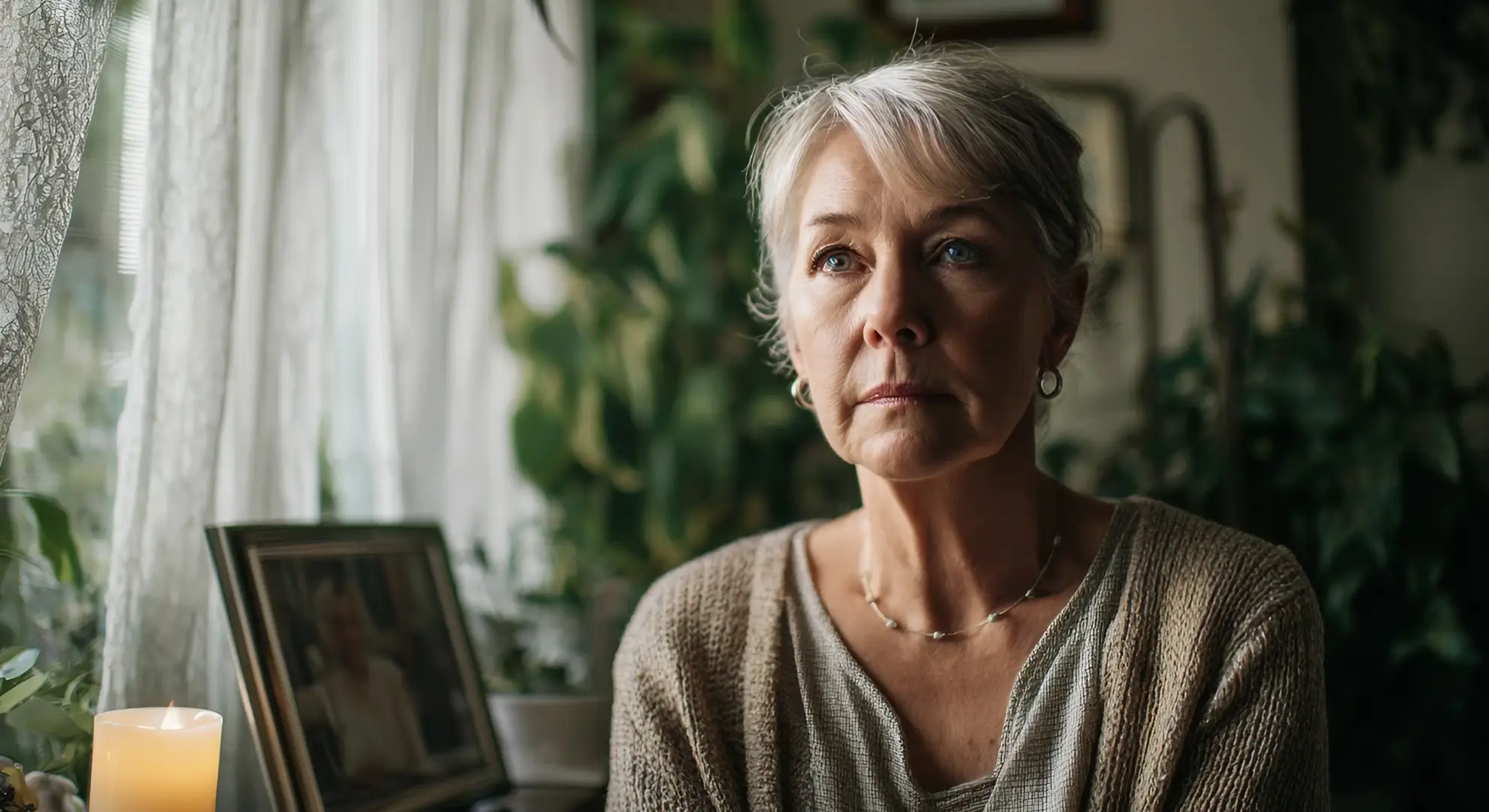 A thoughtful older woman with gray hair sits by a window next to a lit candle and a framed photo.