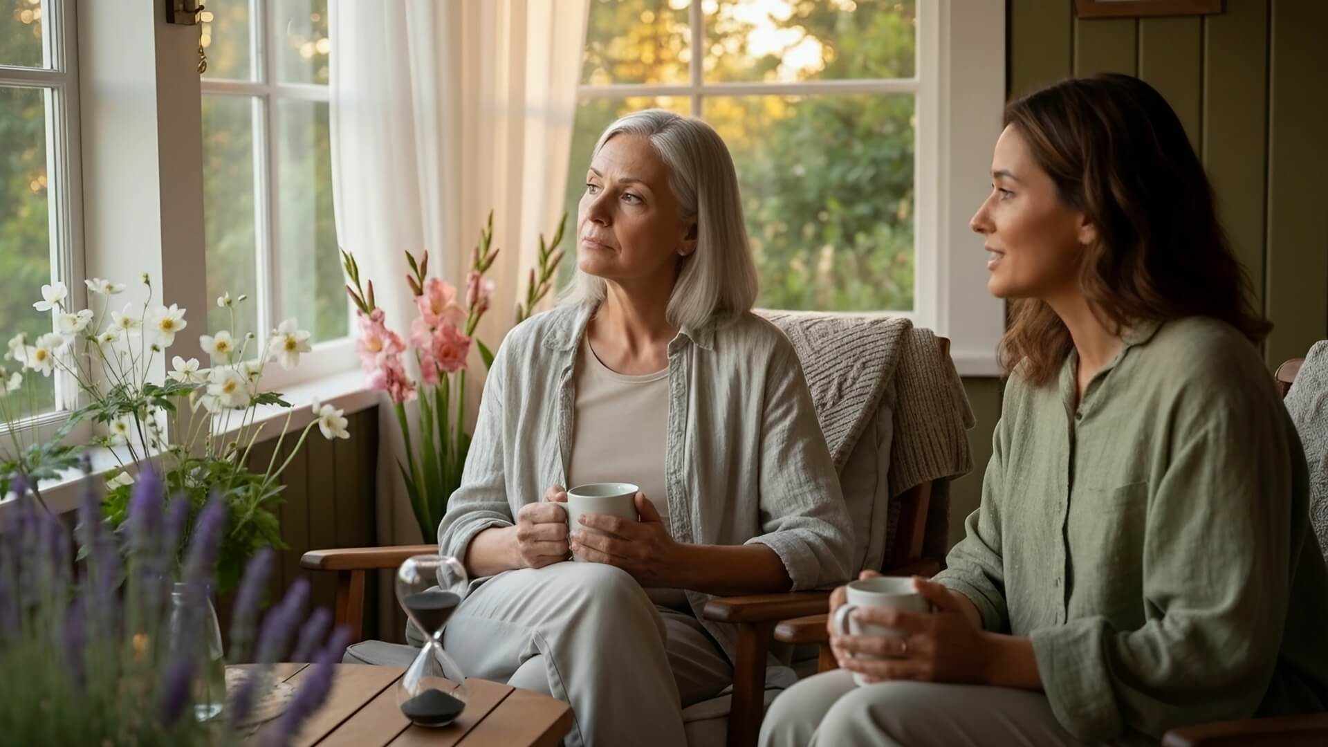 An older woman with gray hair and a younger woman sit together with coffee, sharing a quiet, supportive moment by a window.